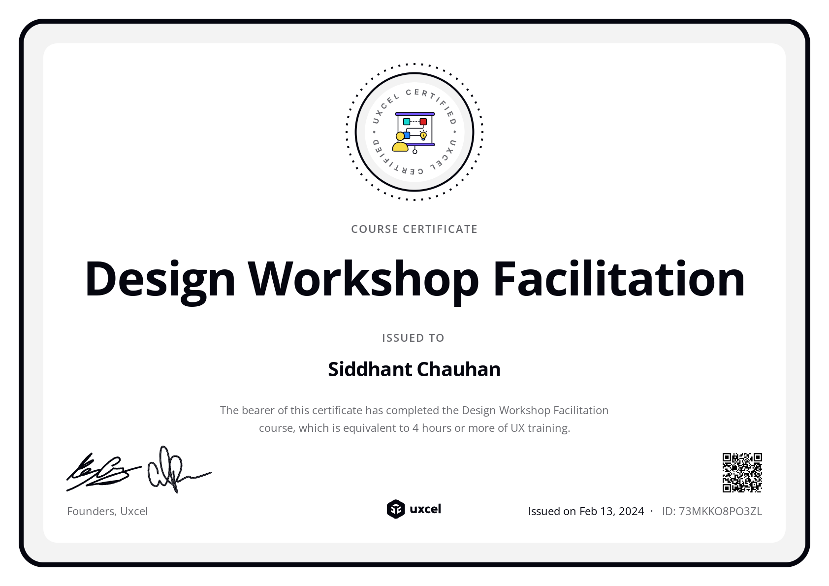 Sidd Chauhan's certificate